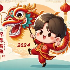 Naklejka premium Chinese new year of the dragon with Dragon dance. Generative Ai.