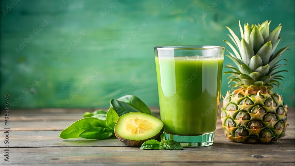 Poster a refreshing splash of green: a vibrant depiction of cold-pressed pineapple juice with cucumber and 