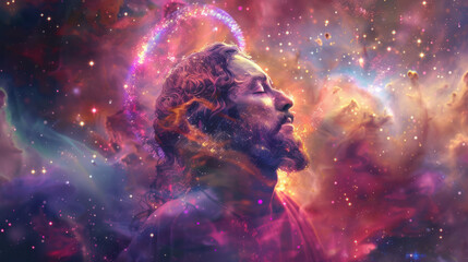 A digital artwork of Jesus Christ carrying a cross, depicted with modern aesthetics, wearing a glowing halo, against a cosmic background