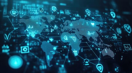 A world map made of financial symbols, medical icons, and insurance-related elements, all interconnected on a digital interface background, signifying global life and health insurance networks