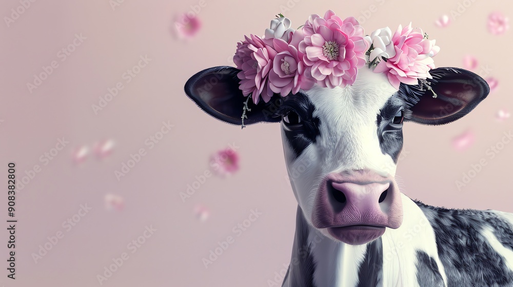 Wall mural A black and white cow with a pink flower crown, against a pink background.