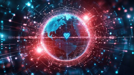 Obraz premium An abstract digital rendering of a globe surrounded by a shield, with interconnected lines and medical symbols, illustrating the protection offered by global health insurance