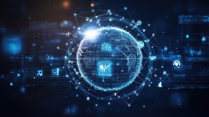 Obraz premium An abstract digital rendering of a globe surrounded by a shield, with interconnected lines and medical symbols, illustrating the protection offered by global health insurance