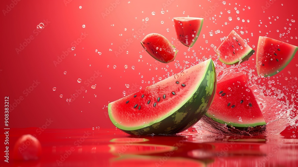 Poster watermelon slices splashing in a pool of water.