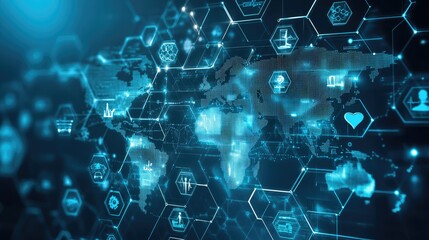 A conceptual image of a network of interconnected hexagons filled with healthcare and financial symbols, overlaid on a transparent map of the world, showcasing the global nature of life and health