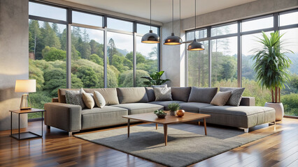 Modern living room with sleek grey sectional sofa, minimalist coffee table, and floor lamp, surrounded by large windows and soft natural light.