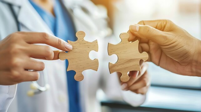 Doctor hand connecting couple puzzle piece wooden jigsaw in hospital Teamwork Idea Solution challenge success Health Medical and strategy concepts : Generative AI