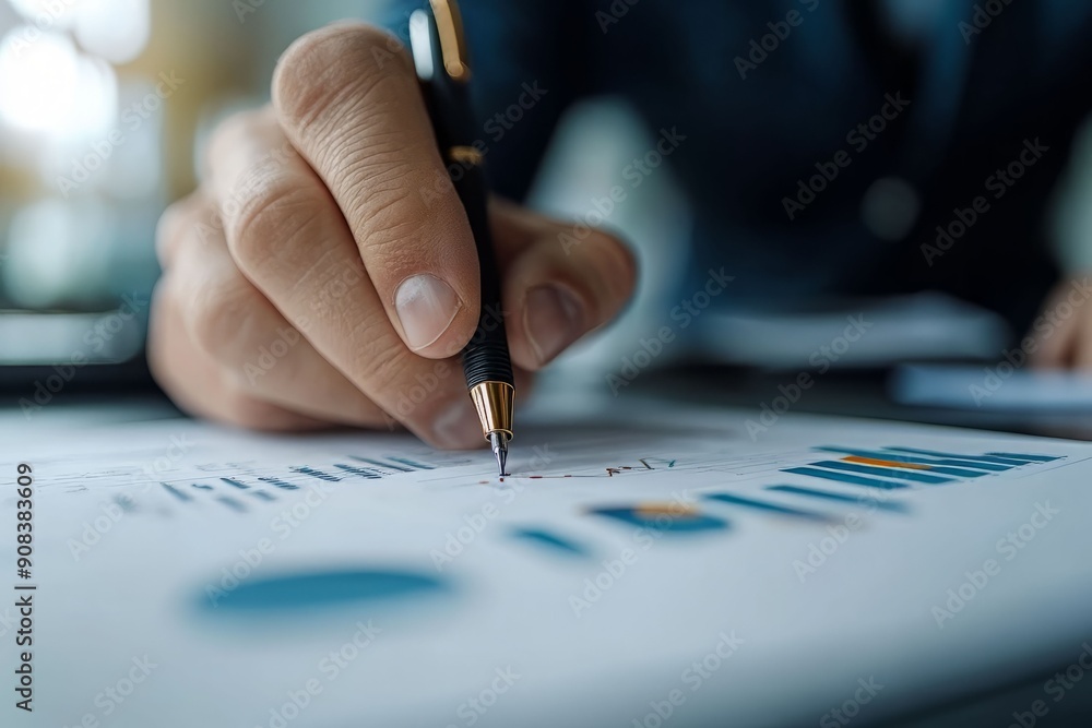 Poster a close-up of a hand writing on a report with graphs, showcasing business analysis and detailed data