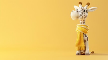 A cartoon giraffe wearing a yellow scarf smiles.
