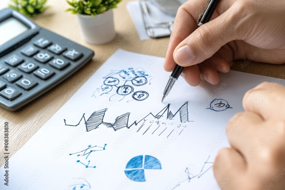 Poster a person sketches financial graphs and charts while using a calculator, symbolizing business growth 