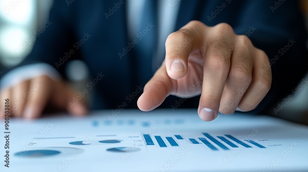 Poster a professional pointing at a financial report, showcasing data analysis and business strategy in a m