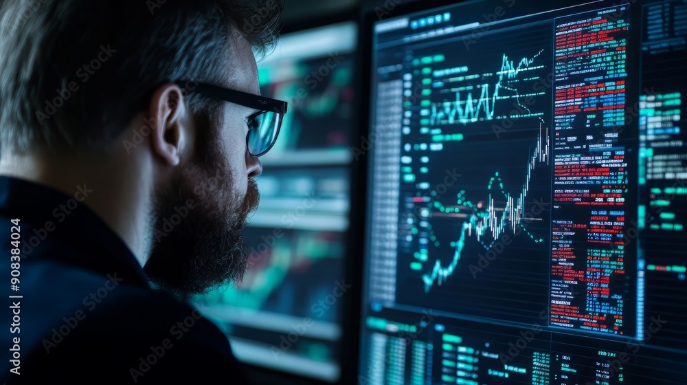 Aufkleber data analyst examining financial graphs and charts on multiple screens, showcasing digital analytics