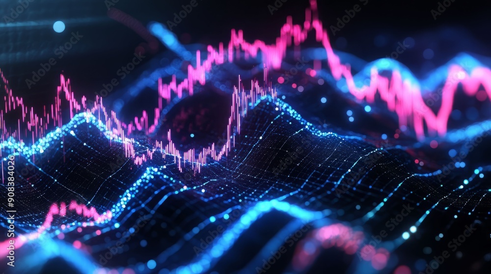 Poster dynamic abstract visualization of data trends, featuring vibrant pink and blue lines representing fl