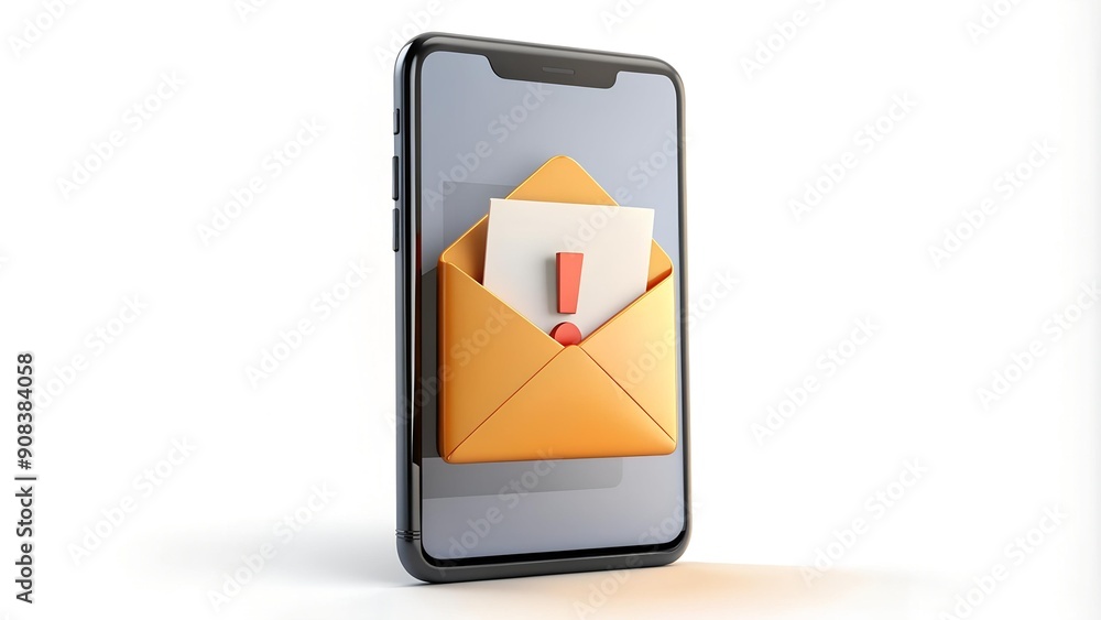 Poster 3d phone with open letter in envelope and exclamation mark: lost in translation ai generated