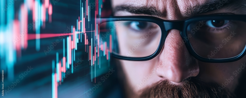 Poster focused professional analyzing financial data with stock market graphs in the background. insightful