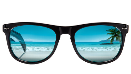 Stylish aviator sunglasses reflecting a tropical beach scene, isolated on transparent background, full depth of field