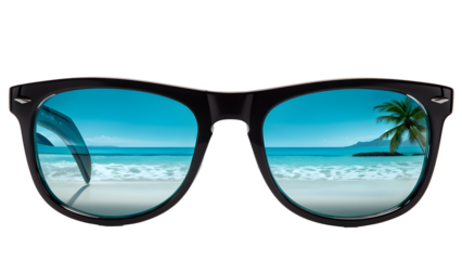 Stylish aviator sunglasses reflecting a tropical beach scene, isolated on transparent background, full depth of field