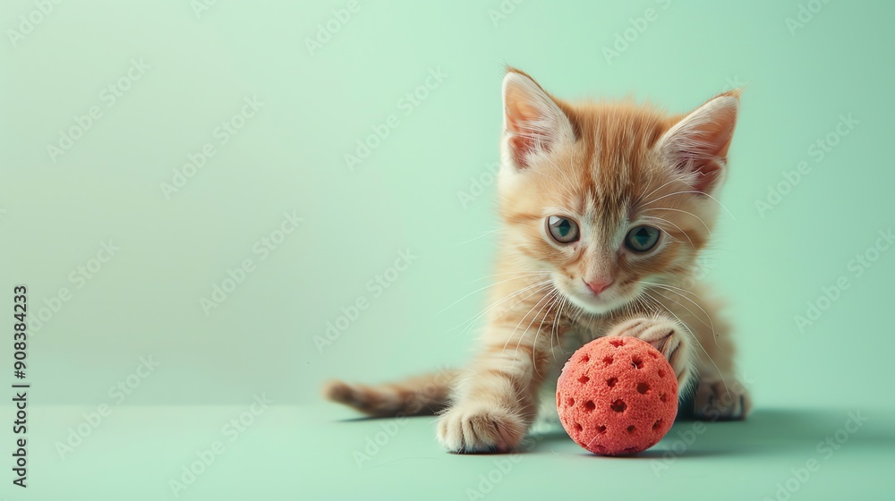 Poster A small orange tabby kitten playing with a red ball.