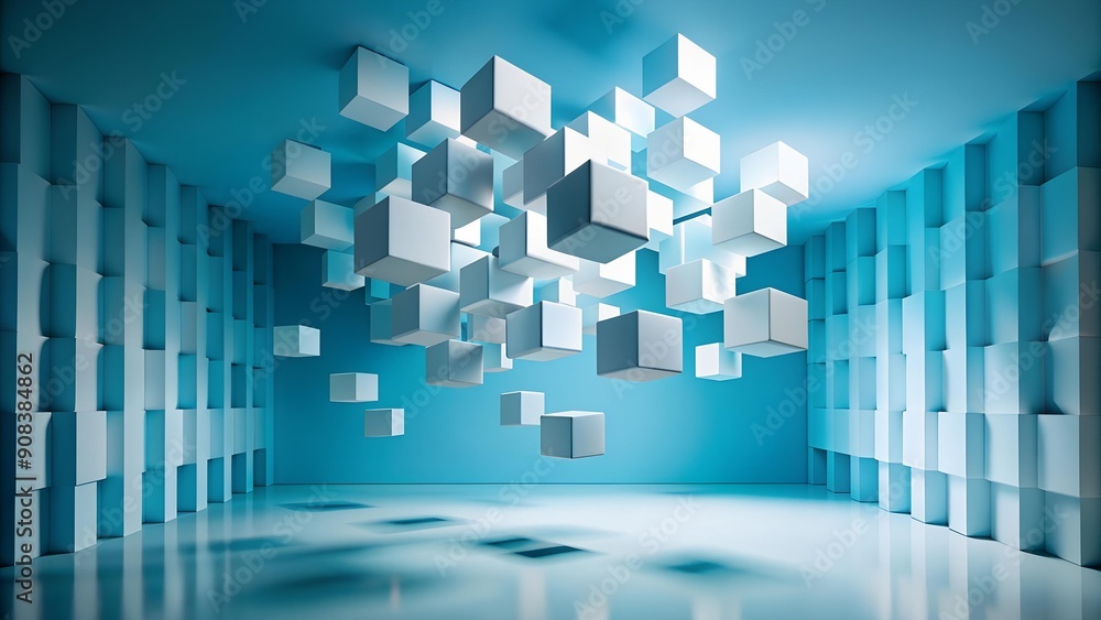Poster ethereal white cubes in a vibrant azure void generative ai