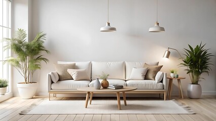 Serene White Living Room with Minimalist Scandinavian Sofa  AI Generated