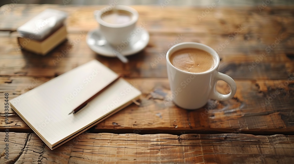 Aufkleber cup of coffee with notepad and brown pen on wooden table top view copy space : generative ai