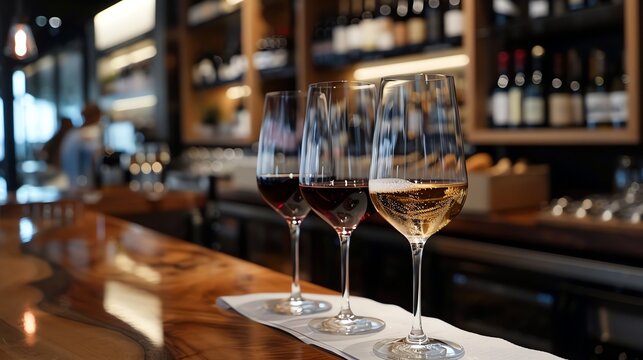Three glasses of wine on a bar counter.