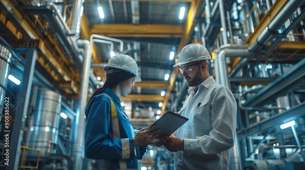 Poster Industry 40 Modern Factory Two Engineers in Empty Warehouse Use Digital Tablet Computer with Augmented Reality Software For a Room Mapping Doing 3D Factory Floor Layout High Angle Shot : Generative AI