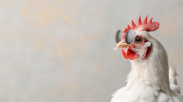 Playful hen pecking a worm in oversized sunglasses.