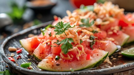 Watermelon with sweet dried fish crispy shallot Thai appetizer food Thai tradition dessert for summer Royal Thai cuisine Selective focus : Generative AI
