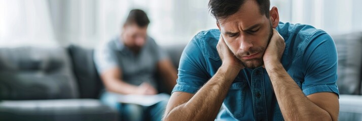 PTSD Depressed man with therapist taking notes during counseling session