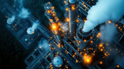 Fototapeta premium A large industrial plant with smoke coming out of it. The smoke is orange and yellow. The plant is surrounded by trees