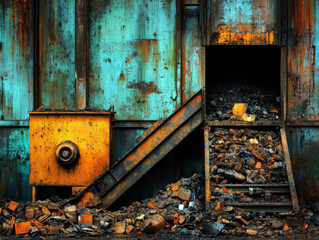 A pile of rubble and debris sits in front of a building. The building is old and rusted, and the pile of rubble is piled up against it. The scene is bleak and desolate, with a sense of abandonment