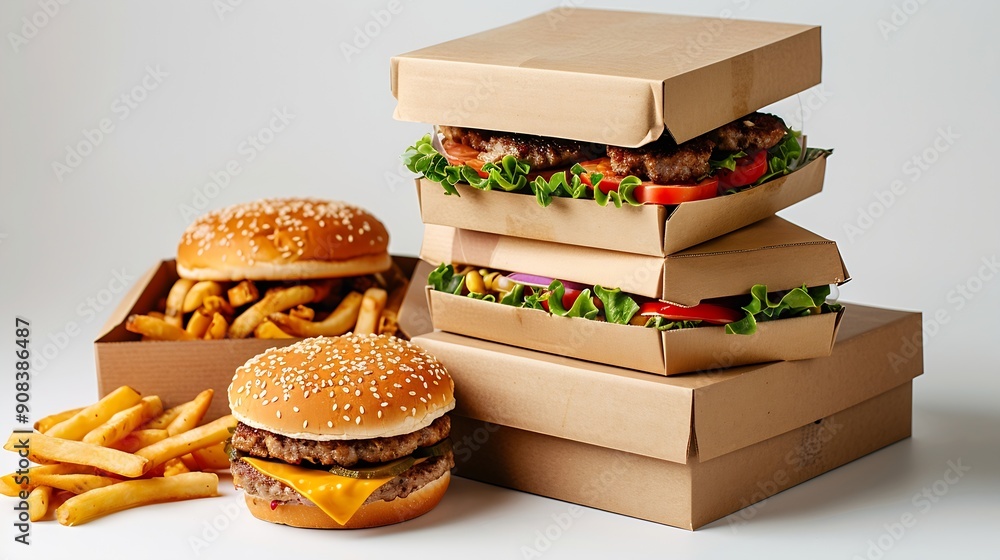 Poster Stack of fast food Boxes on white Background : Generative AI
