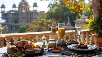 Fototapeta premium Table with a Continental breakfast on the terrace of the Umaid Bhawan Palace in Jodhpur Rajasthan India Asia : Generative AI