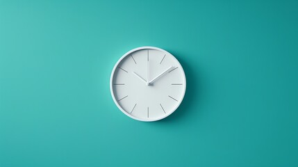 A white clock on a turquoise wall.