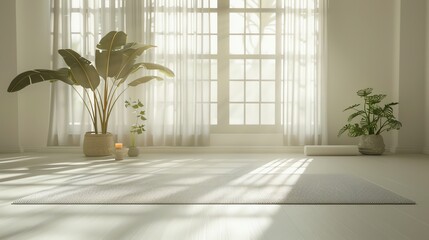 A yoga mat in a bright and airy living room with large windows and plants.