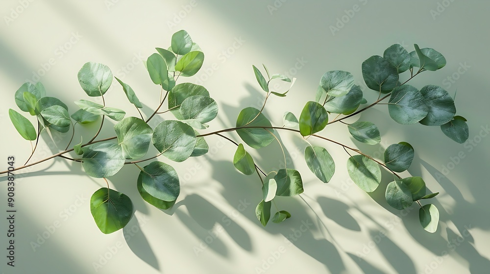 Poster green eucalyptus branch with shadows on empty light grey background backdrop for natural product pre
