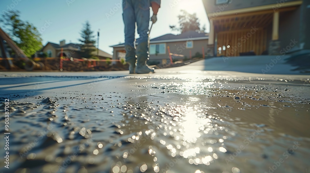 Poster Man working on smoothing concrete driveway for the new home build at construction site Architecture and exterior structure base progress safety foundation pavement ground Real estate i : Generative AI