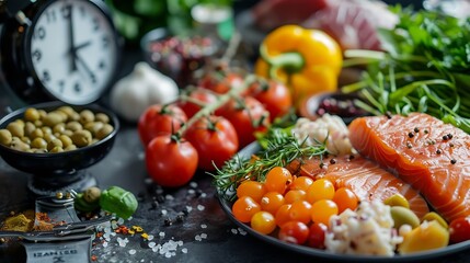 Intermittent fasting IF diet concept with 168 hour clock timer for skipping meal and eating keto low carb high fat food meal healthy nutritional dish with gym exercise for body weight  : Generative AI