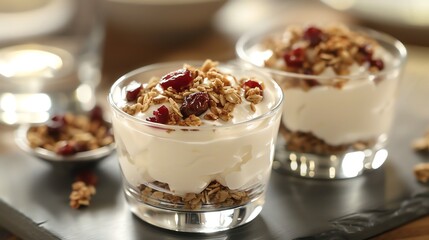 Yogurt parfait with granola and cranberries in a glass.