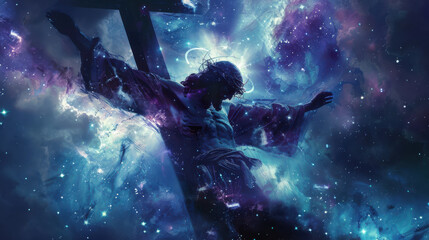 A digital illustration of Jesus Christ on the cross, set against a cosmic background with galaxies and stars, symbolizing his divine nature and connection to the universe