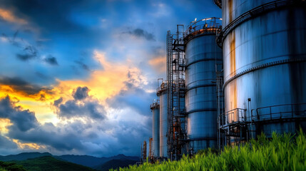 Obraz premium A group of tall blue tanks are in a field with a cloudy sky in the background. The sky is orange and pink, creating a moody atmosphere