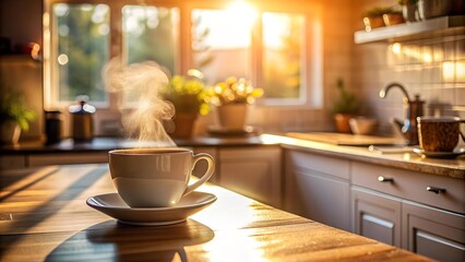 Obraz premium Golden Hour Glow in the Kitchen: A Still Life of Morning Coffee AI Generated
