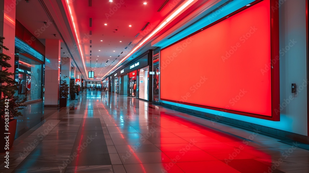 Poster red blank sign inside shopping mall mock up advertise display frame setting over the clothes line in the shopping department store for shopping business fashion and advertisement conce : Generative AI
