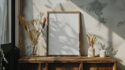 Stylish and minimalist composition on wooden design commode with mock up poster frame flowers in vase decorations and personal accessories Template : Generative AI