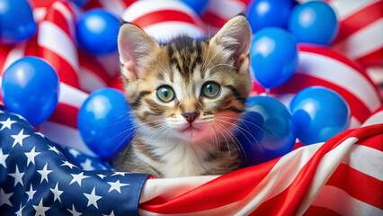 Adorable kitten with American flag colors playfully wraps itself around patriotic towel, surrounded by red white and blue balloons on National Kitten Day.