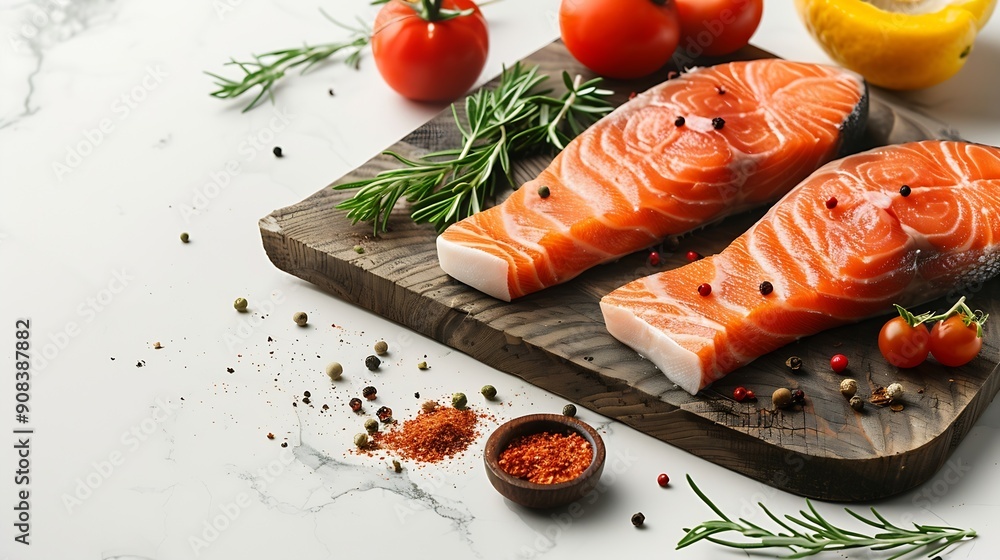 Poster wooden board with raw salmon steaks and different spices on white background : generative ai