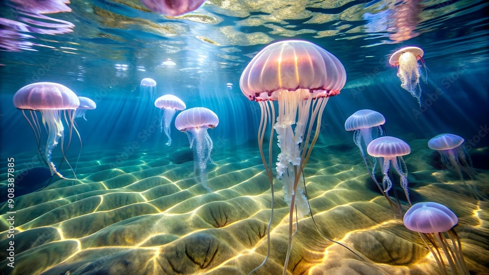 Poster a whispering symphony: jellyfish drifting in a tidal pool generative ai