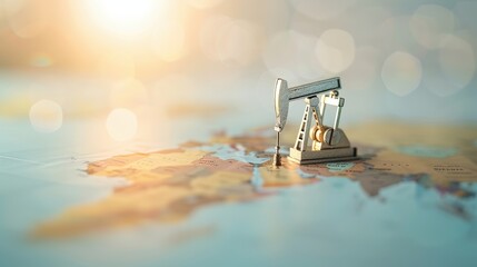 Miniature oil rig placed on a world map, symbolizing global energy production and exploration.