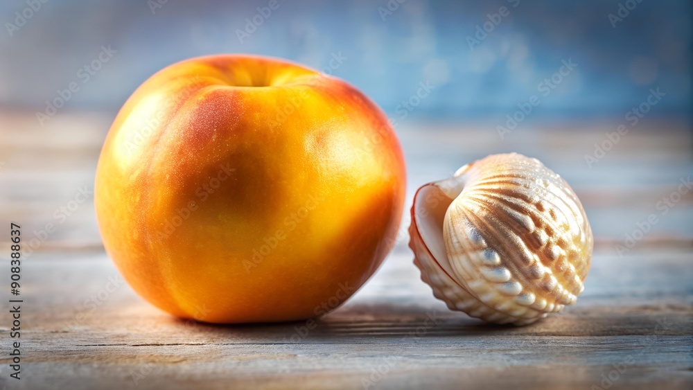 Poster golden peach with a single white seashell: a touch of coastal charm generative ai